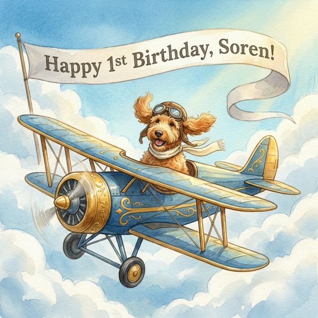 Vintage airplane banner: Happy 1st Birthday, Soren!